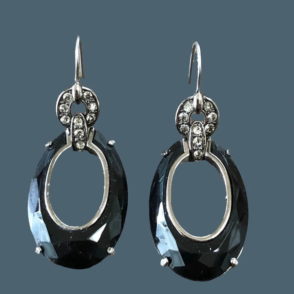 Monet Black Faceted Oval Drop Dangly Earrings Crystal Accents Wires Vintage - Picture 1 of 4